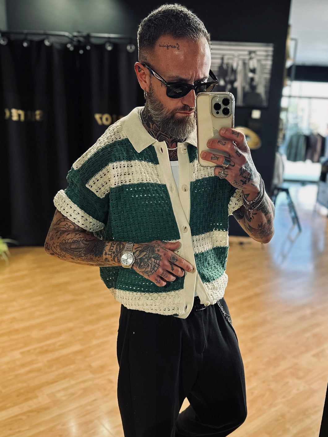 Cardigan Crochet Verde Manica 3/4
